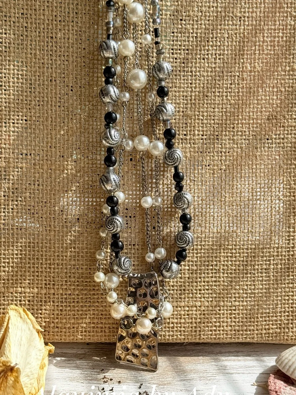 Silver, Black onyx & White Multi-Strand Necklace